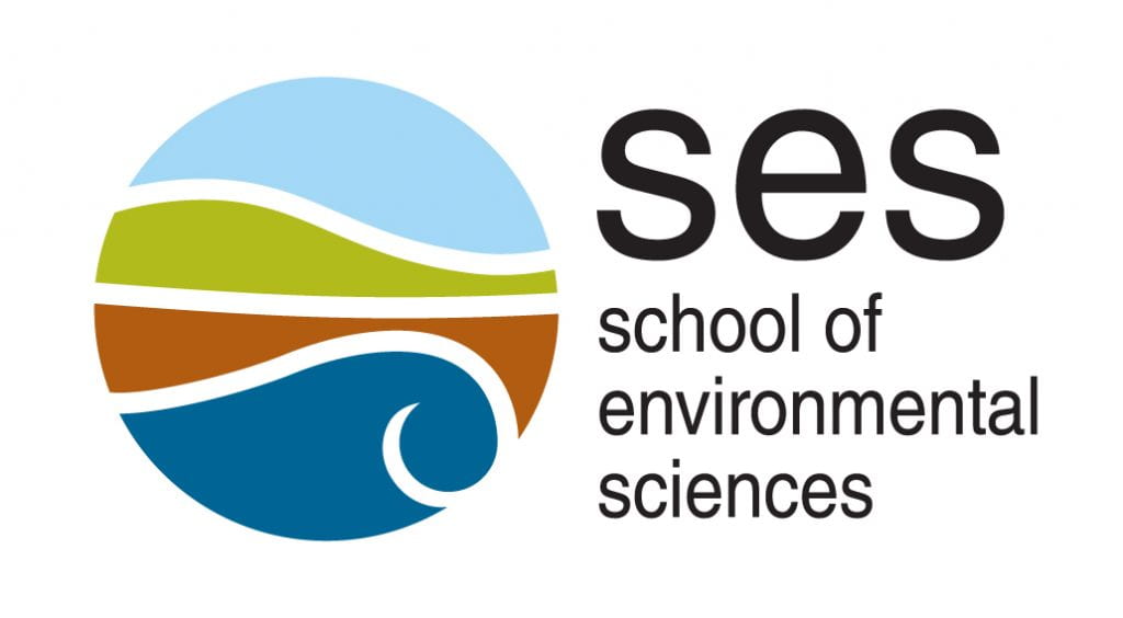 This is the logo for the school of environmental science. The logo sis a sphere with representations of sky, green land, brown land and a wave.